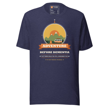 Adventure Before Dementia Campervan T-Shirt in Heather Midnight Navy, full front view of the shirt