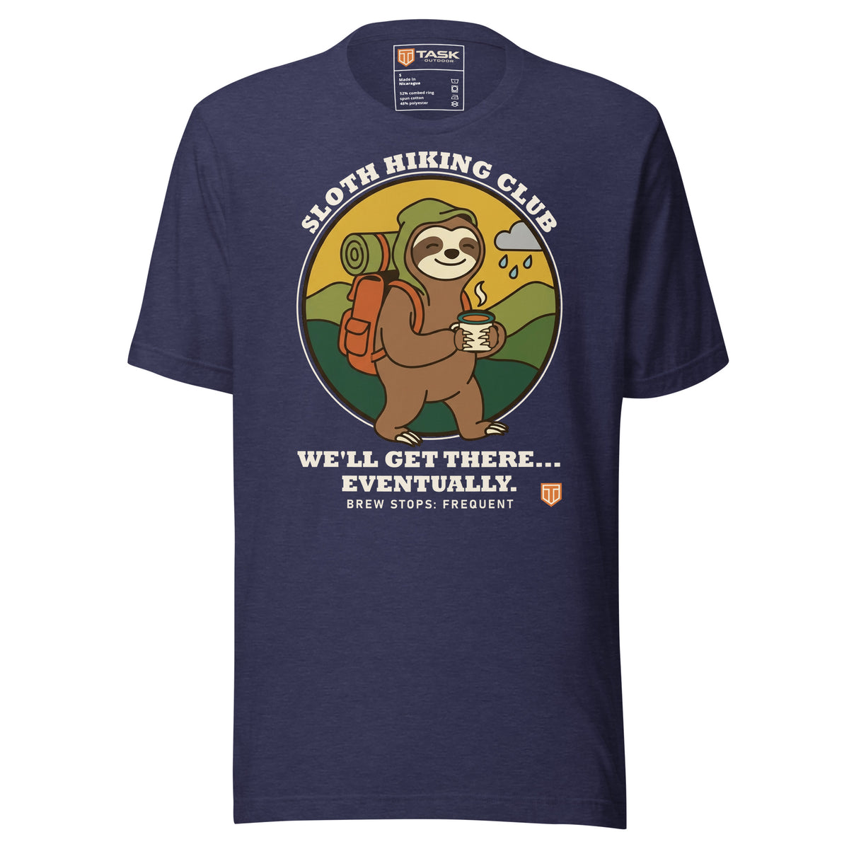 Sloth Hiking Club: Walking T-Shirt in Heather Midnight Navy, full front view with the printed neck label