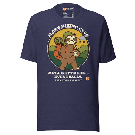 Sloth Hiking Club: Walking T-Shirt in Heather Midnight Navy, full front view with the printed neck label