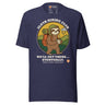 Sloth Hiking Club: Walking T-Shirt in Heather Midnight Navy, full front view with the printed neck label