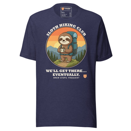 Sloth Hiking Club: Hilltop T-Shirt in Heather Midnight Navy, full front view with the printed neck label