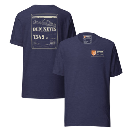 Summit Series Ben Nevis T-Shirt in Heather Midnight Navy, back and front view on the marled fabric