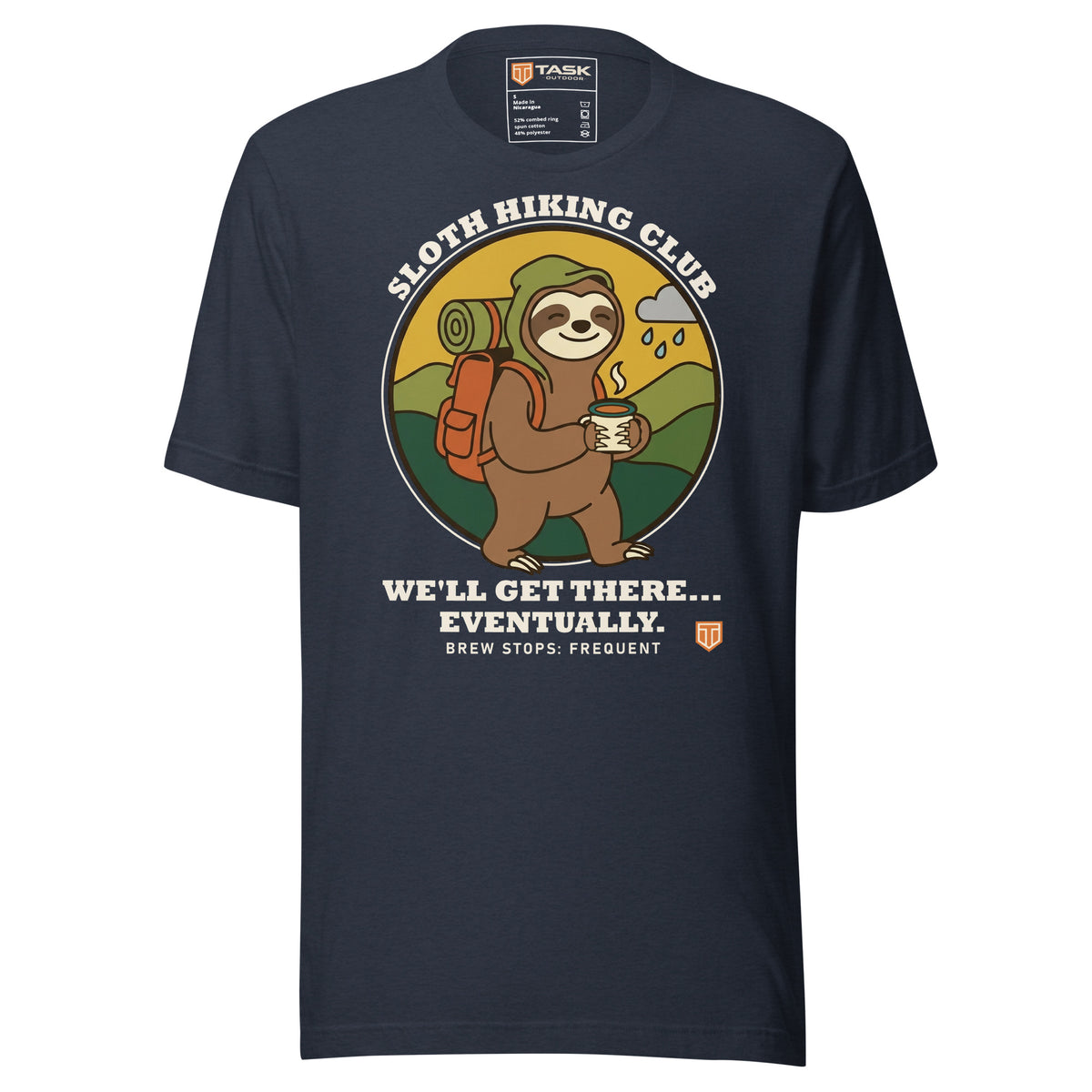 Sloth Hiking Club: Walking T-Shirt in Heather Navy, full front view with the printed neck label