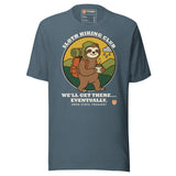 Sloth Hiking Club: Walking T-Shirt in Heather Slate, full front view with the printed neck label