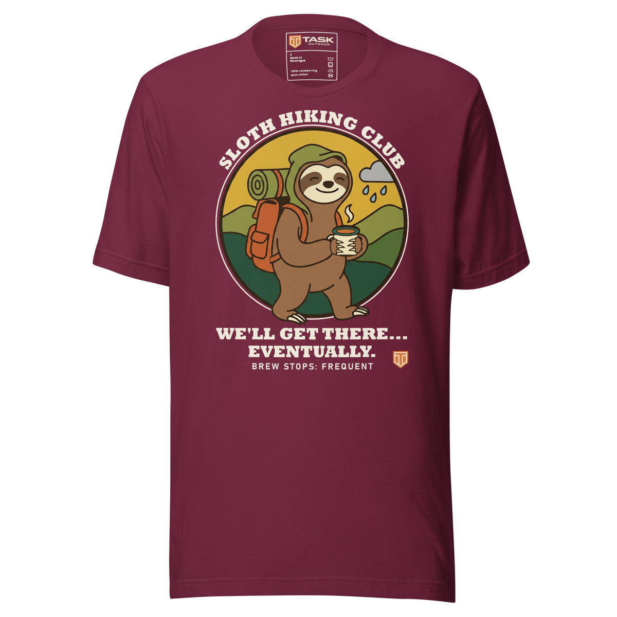 Sloth Hiking Club: Walking T-Shirt in Maroon, full front view with the printed neck label