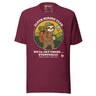 Sloth Hiking Club: Walking T-Shirt in Maroon, full front view with the printed neck label
