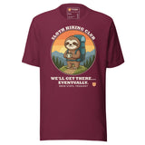 Sloth Hiking Club: Hilltop T-Shirt in Maroon, full front view with the printed neck label