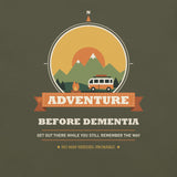 Adventure Before Dementia Campervan T-Shirt in Military Green, close-up of the compass badge print with the No Map Needed. Probably. line