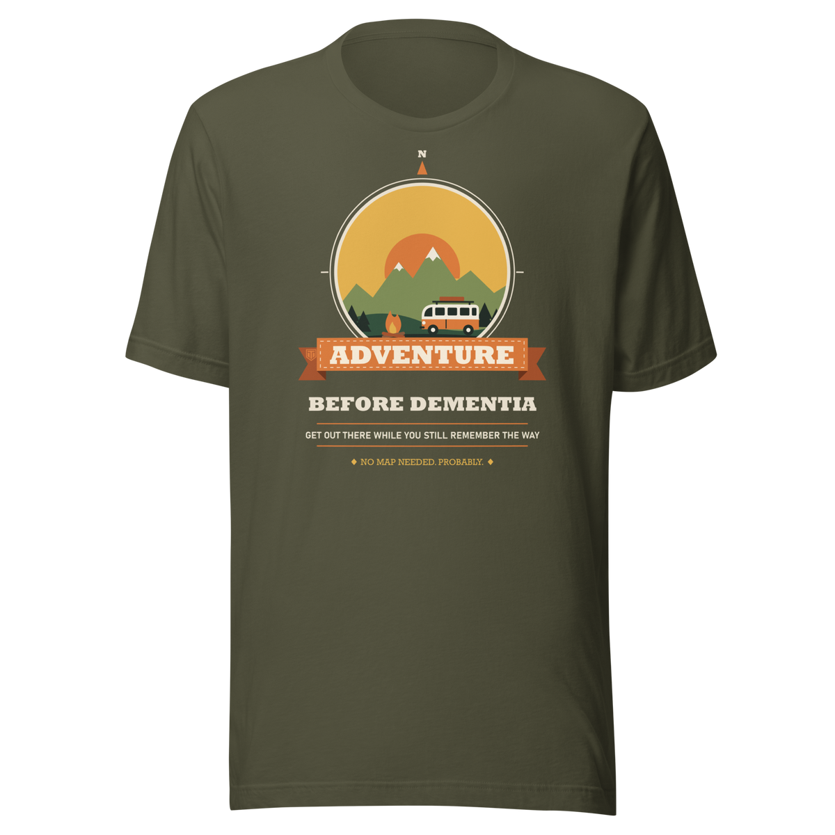Adventure Before Dementia Campervan T-Shirt in Military Green, full front view of the shirt