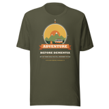 Adventure Before Dementia Campervan T-Shirt in Military Green, full front view of the shirt