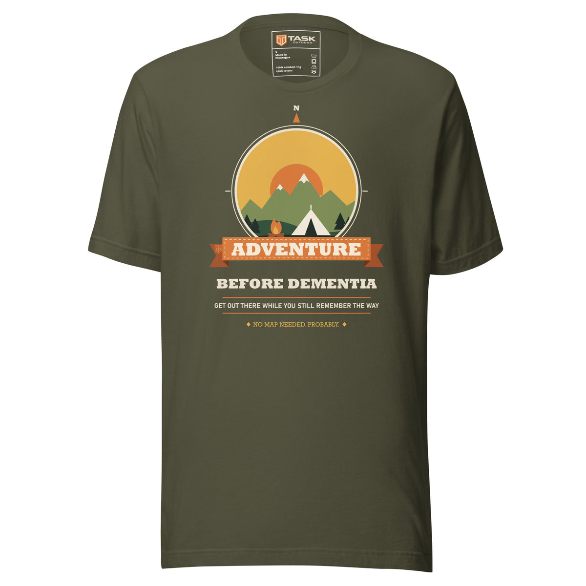 Adventure Before Dementia Camping T-Shirt in Military Green, front view with the tent, campfire and mountain compass print