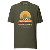 Adventure Before Dementia Camping T-Shirt in Military Green, front view with the tent, campfire and mountain compass print