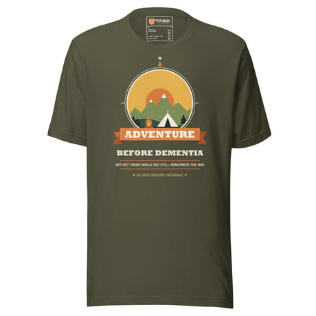 Adventure Before Dementia Camping T-Shirt in Military Green, front view with the tent, campfire and mountain compass print