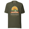 Adventure Before Dementia Camping T-Shirt in Military Green, front view with the tent, campfire and mountain compass print