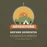 Adventure Before Dementia Camping T-Shirt in Military Green, close-up of the tent, campfire and mountain compass print