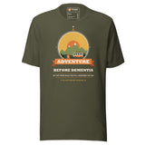 Adventure Before Dementia Campervan T-Shirt in Military Green, full front view of the shirt