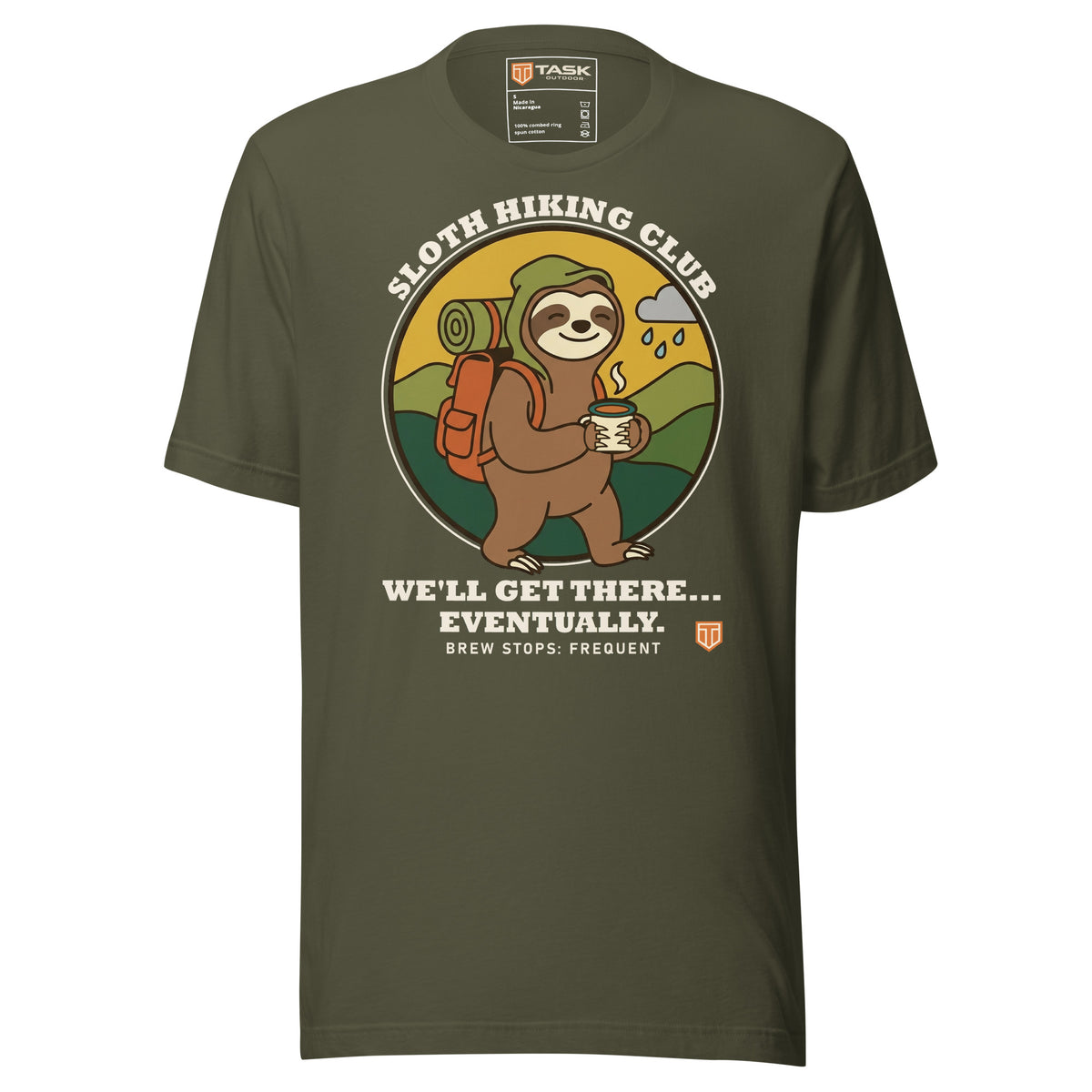 Sloth Hiking Club: Walking T-Shirt in Military Green, full front view with the printed neck label