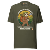 Sloth Hiking Club: Walking T-Shirt in Military Green, full front view with the printed neck label