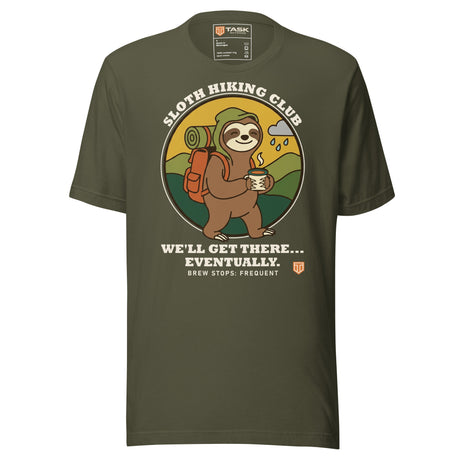 Sloth Hiking Club: Walking T-Shirt in Military Green, full front view with the printed neck label