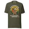 Sloth Hiking Club: Walking T-Shirt in Military Green, full front view with the printed neck label