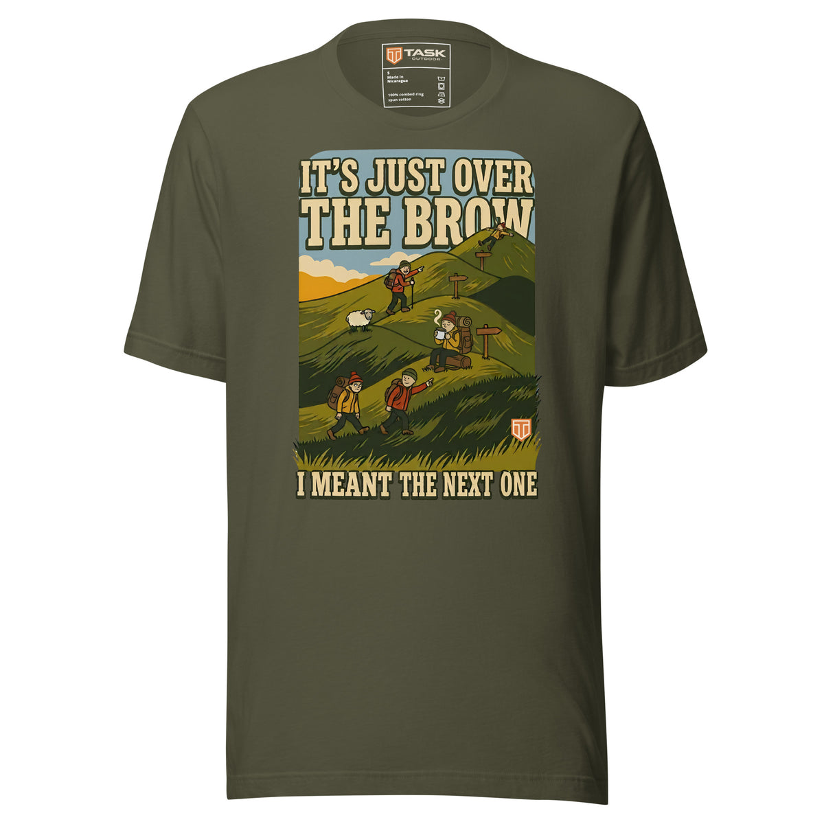 It's Just Over the Brow T-Shirt in Military Green, full front view with the printed neck label