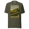 It's Just Over the Brow T-Shirt in Military Green, full front view with the printed neck label