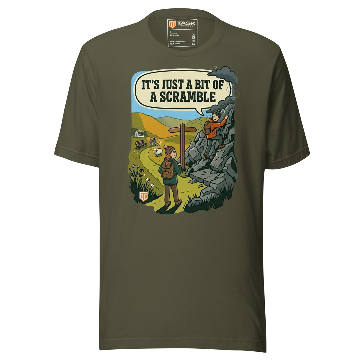 It's Just a Bit of a Scramble T-Shirt in Military Green, front view