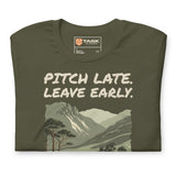 Pitch Late Leave Early T-Shirt in Military Green, folded to show the print and the Task Outdoor neck label