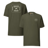 Drone Pilot T-shirt in Military Green, back and front, with the off-white stencil patch print on the back and left chest