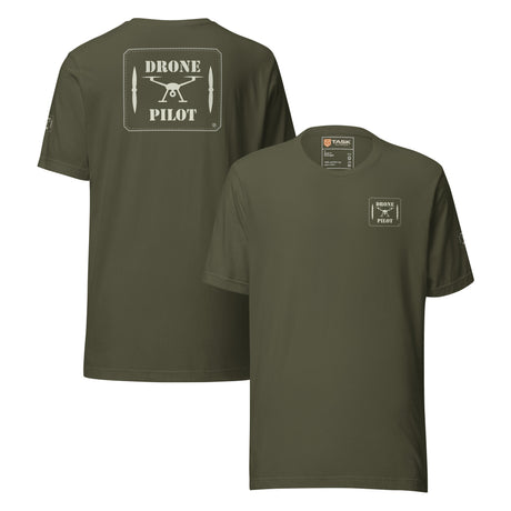 Drone Pilot T-shirt in Military Green, back and front, with the off-white stencil patch print on the back and left chest