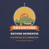 Adventure Before Dementia Campervan T-Shirt in Navy, close-up of the retro compass and campervan print