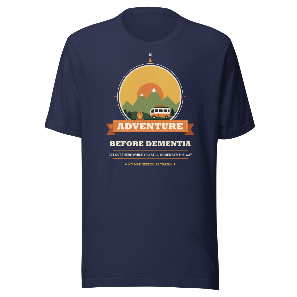 Adventure Before Dementia Campervan T-Shirt in Navy, full front view of the shirt