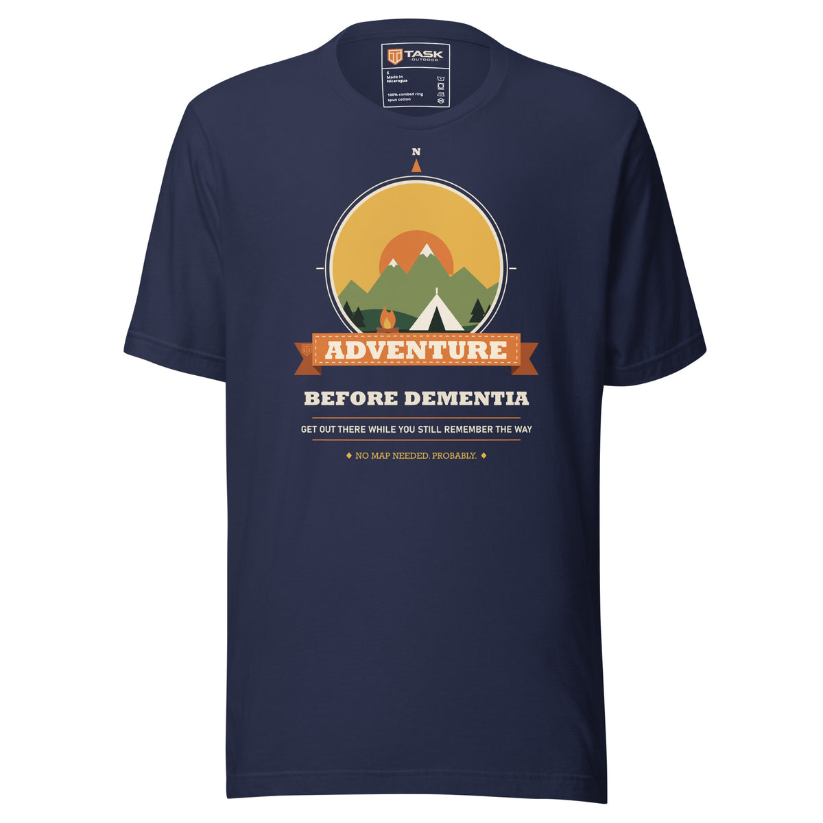 Adventure Before Dementia Camping T-Shirt in Navy, front view with the retro compass and tent print