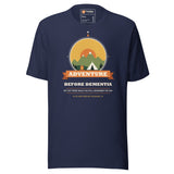 Adventure Before Dementia Camping T-Shirt in Navy, front view with the retro compass and tent print