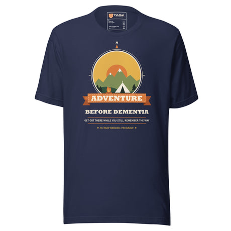 Adventure Before Dementia Camping T-Shirt in Navy, front view with the retro compass and tent print