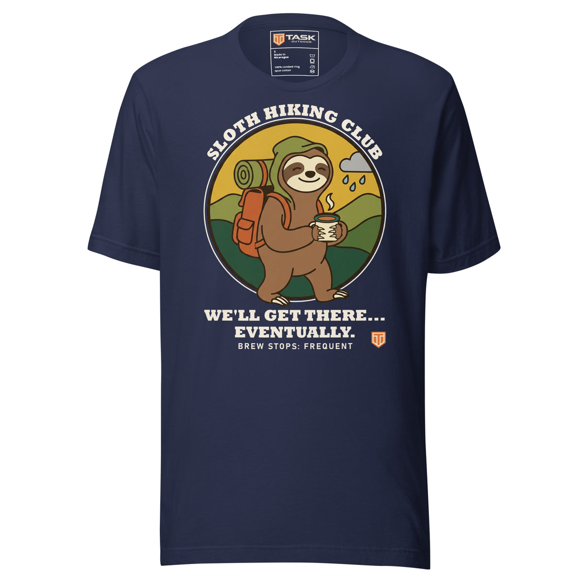 Sloth Hiking Club: Walking T-Shirt in Navy, full front view with the printed neck label