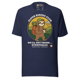 Sloth Hiking Club: Walking T-Shirt in Navy, full front view with the printed neck label