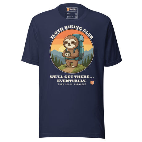 Sloth Hiking Club: Hilltop T-Shirt in Navy, full front view with the printed neck label