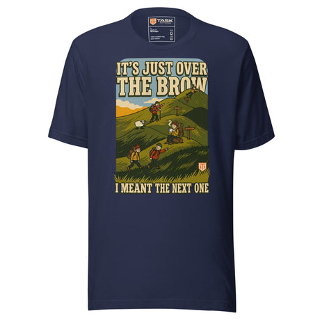 It's Just Over the Brow T-Shirt in Navy, full front view with the printed neck label