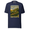 It's Just Over the Brow T-Shirt in Navy, full front view with the printed neck label