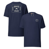 Drone Pilot T-shirt in Navy, back and front, with the off-white stencil patch print on the back and left chest