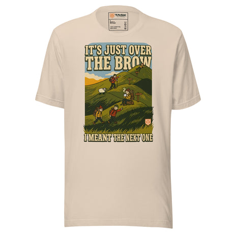 It's Just Over the Brow T-Shirt in Soft Cream, full front view with the printed neck label
