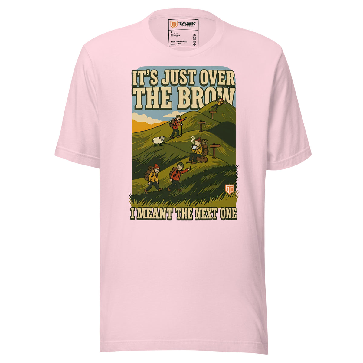 It's Just Over the Brow T-Shirt in Soft Pink, full front view with the printed neck label