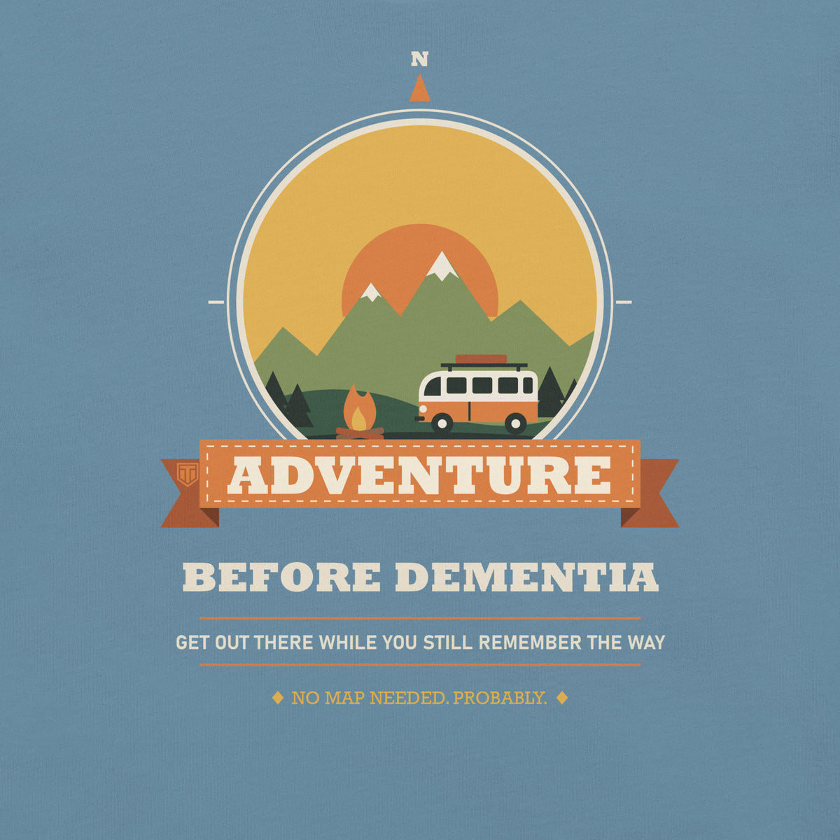 Adventure Before Dementia Campervan T-Shirt in Steel Blue, close-up of the campervan and campfire compass print
