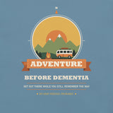Adventure Before Dementia Campervan T-Shirt in Steel Blue, close-up of the campervan and campfire compass print