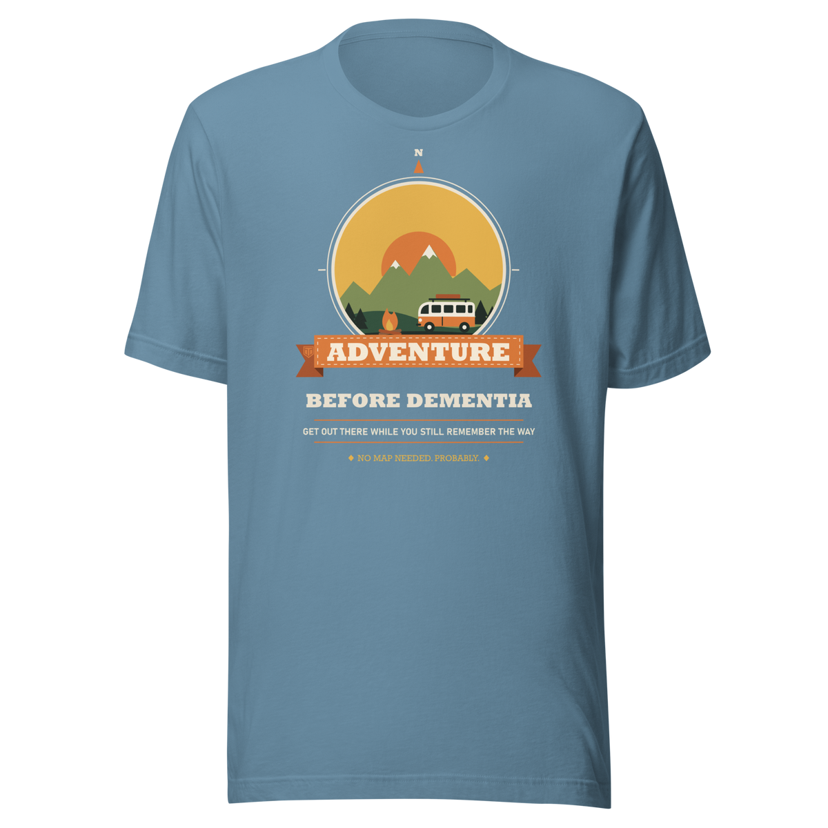 Adventure Before Dementia Campervan T-Shirt in Steel Blue, full front view of the shirt