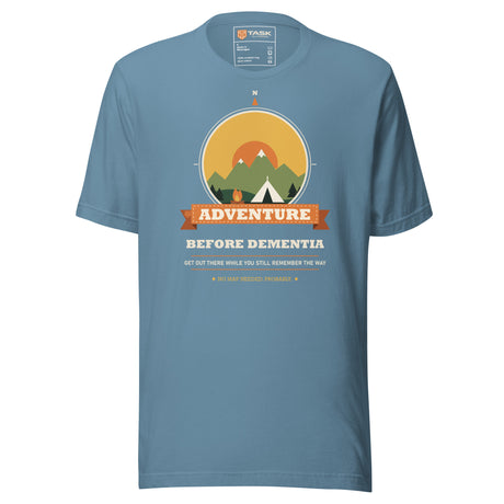Adventure Before Dementia Camping T-Shirt in Steel Blue, front view with the tent and campfire compass print