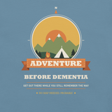 Adventure Before Dementia Camping T-Shirt in Steel Blue, close-up of the tent and campfire compass print