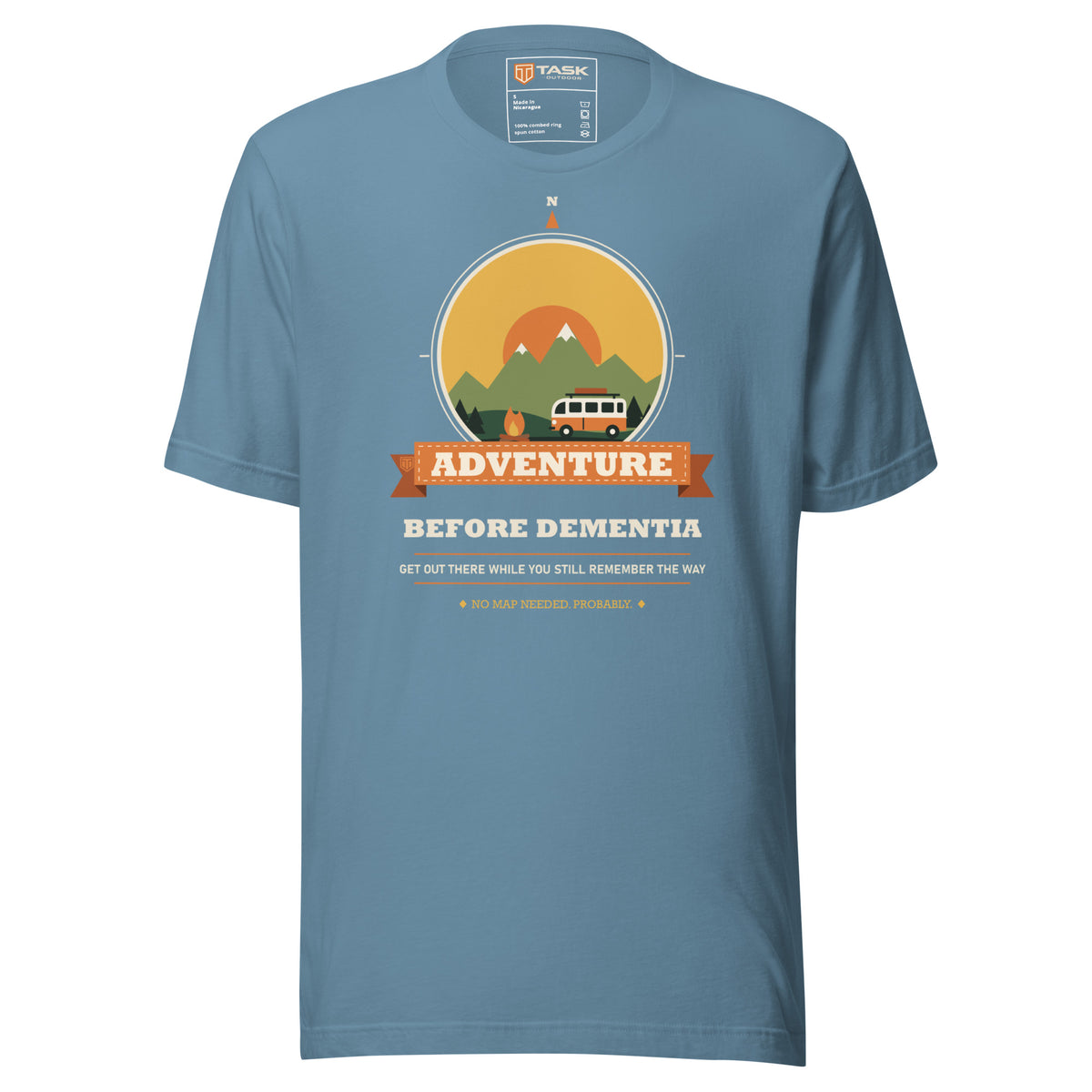 Adventure Before Dementia Campervan T-Shirt in Steel Blue, full front view of the shirt