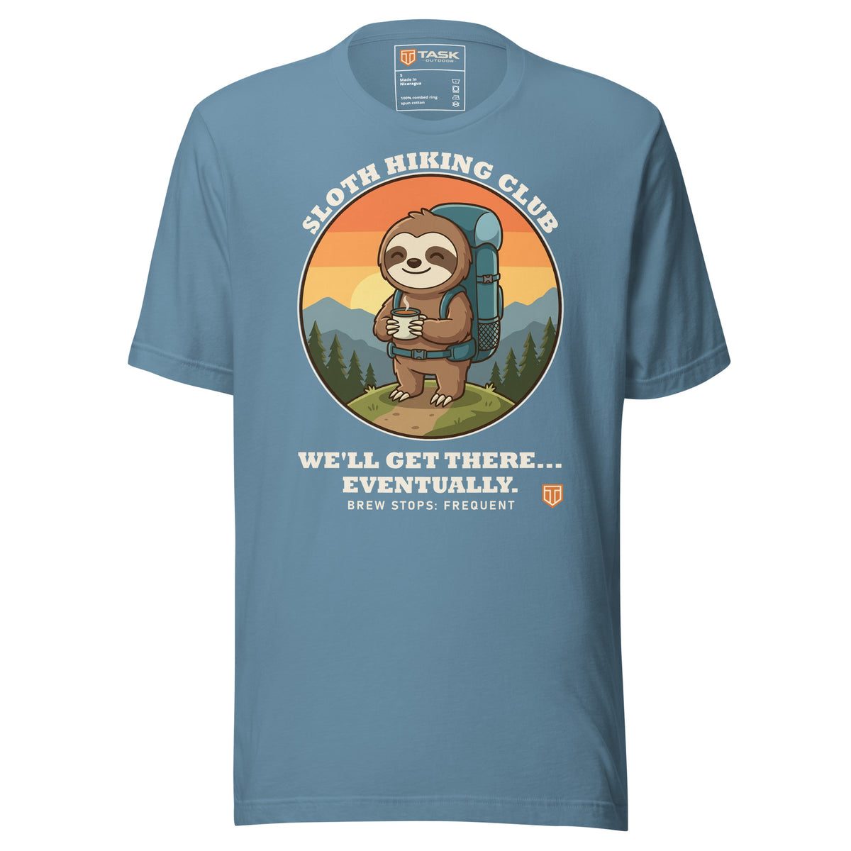 Sloth Hiking Club: Hilltop T-Shirt in Steel Blue, full front view with the printed neck label